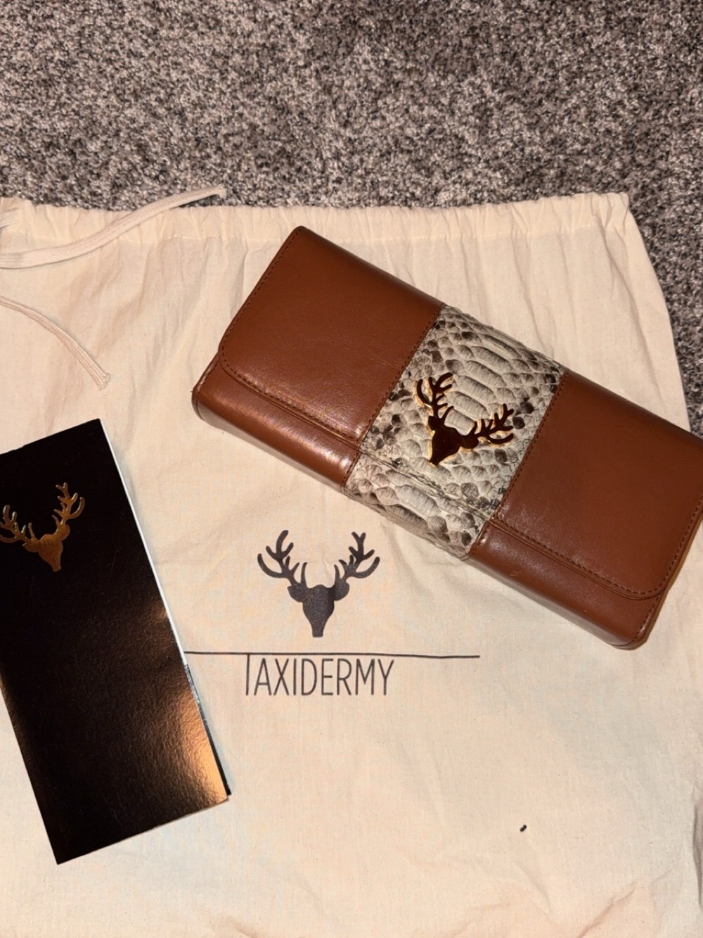 Taxidermy Brown Leather Crossbody with Python and Gold Deer Accent